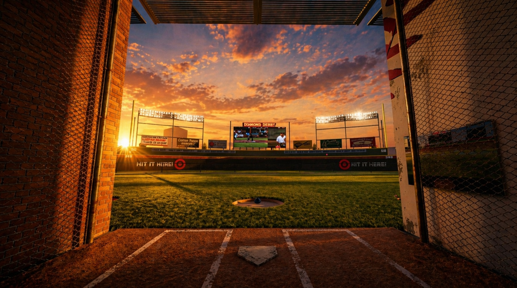 Empty batting bay at sunset looking out at the Homerun Park range