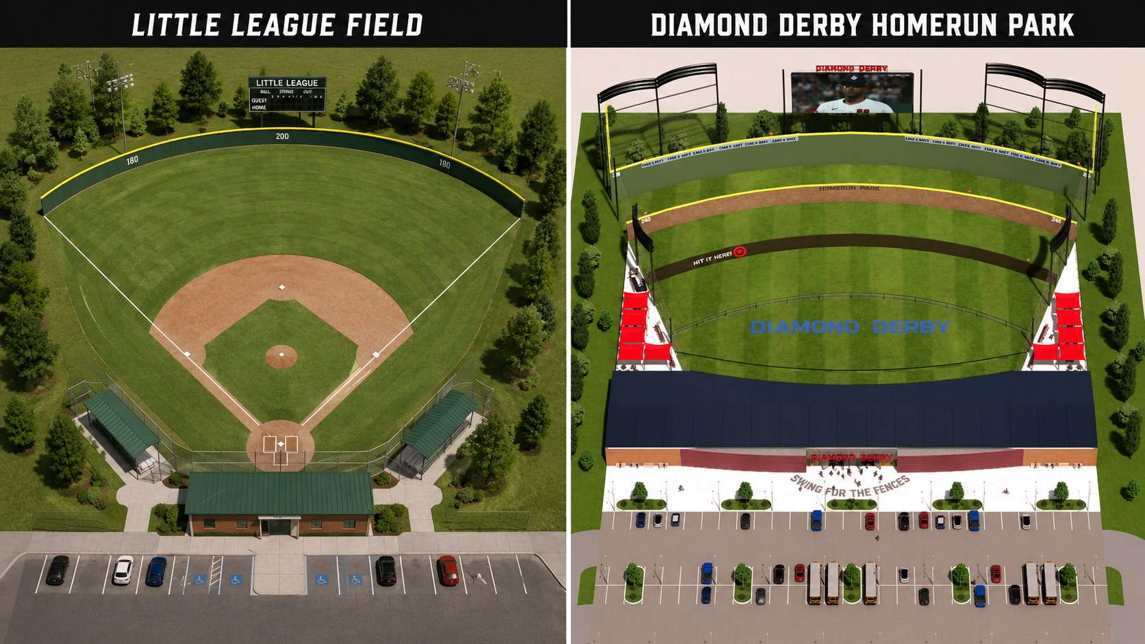 Side-by-side scale comparison: Little League field vs Diamond Derby Homerun Park — same baseball experience, fraction of the footprint