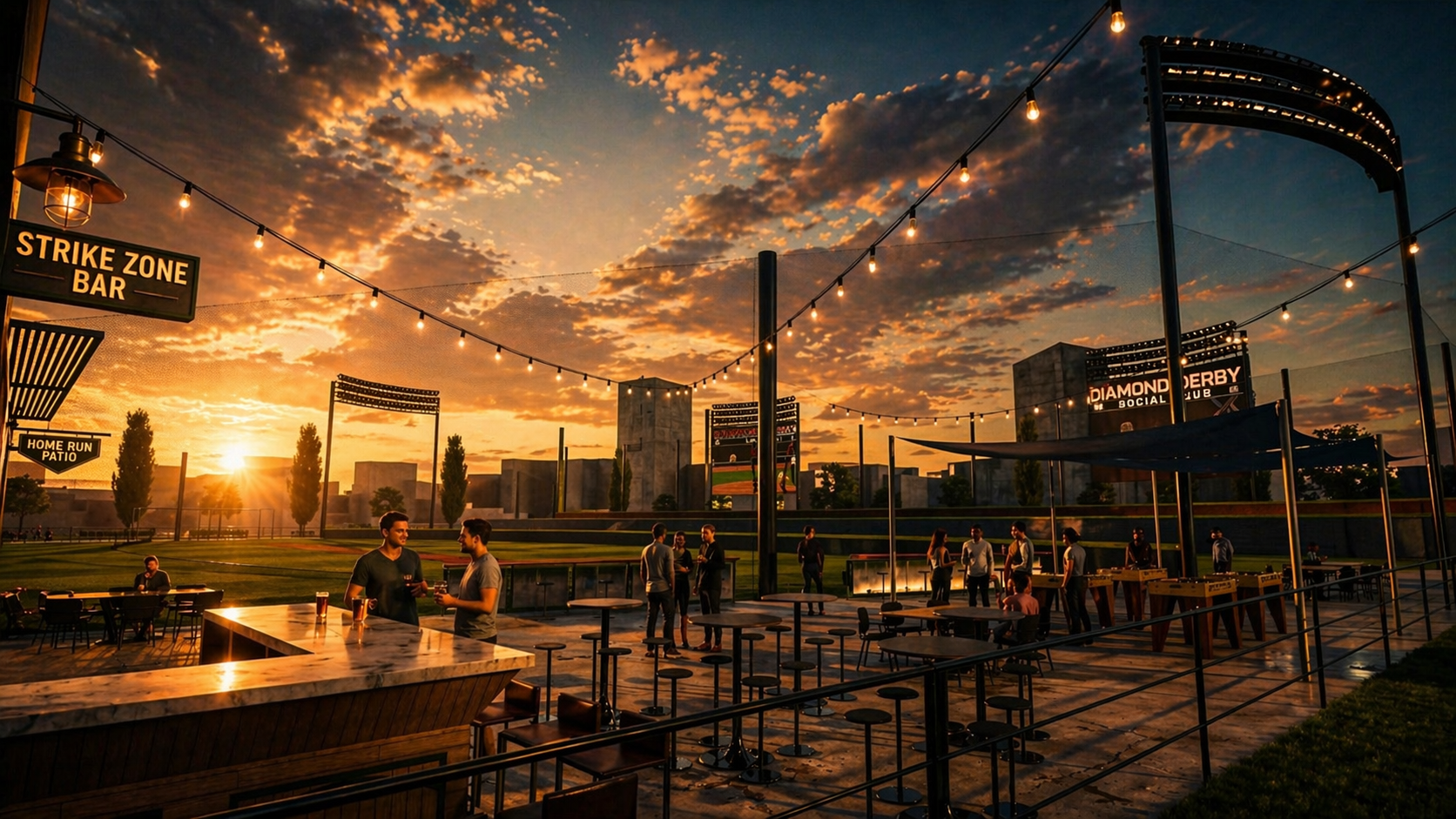 Strike Zone Bar outdoor patio at sunset