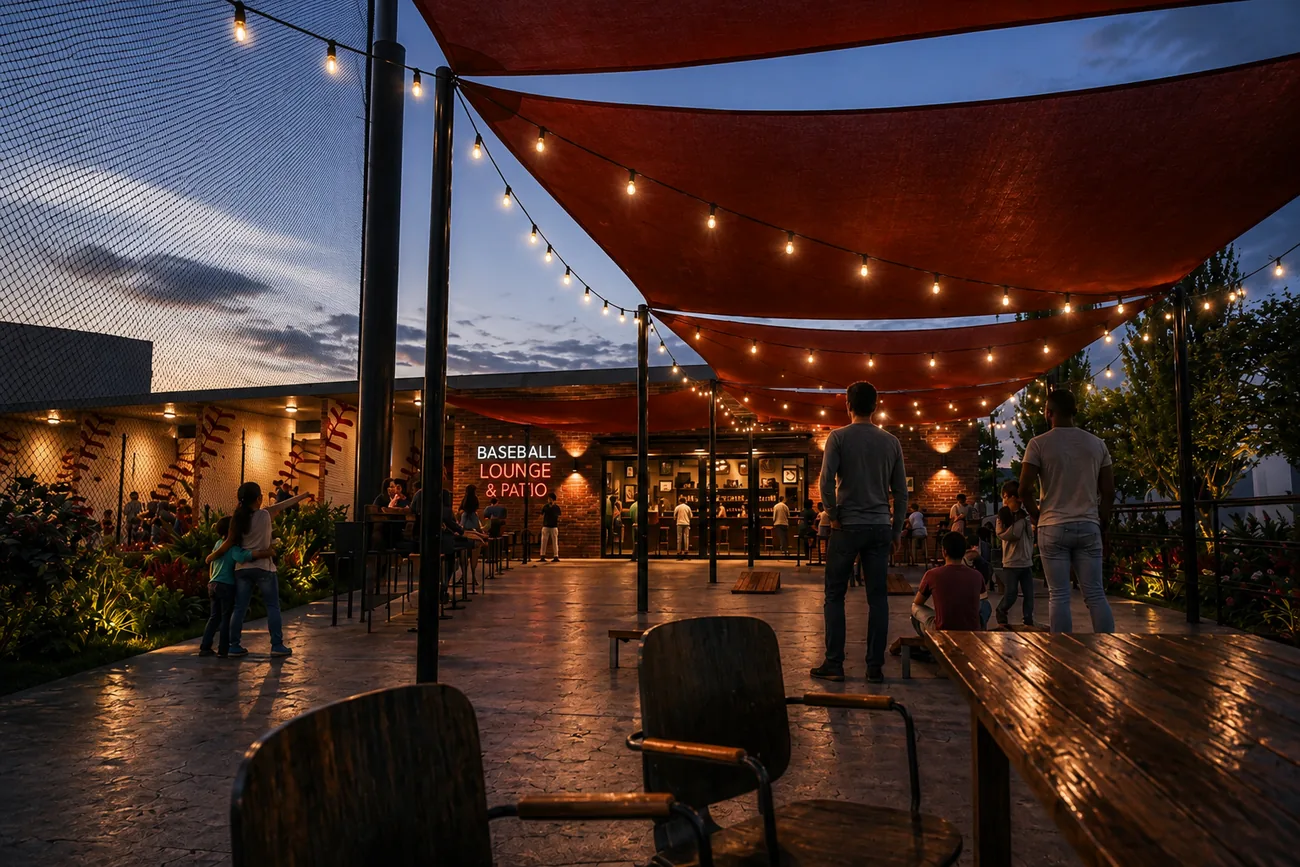 Adults gathered at the Diamond Derby lounge and patio at sunset
