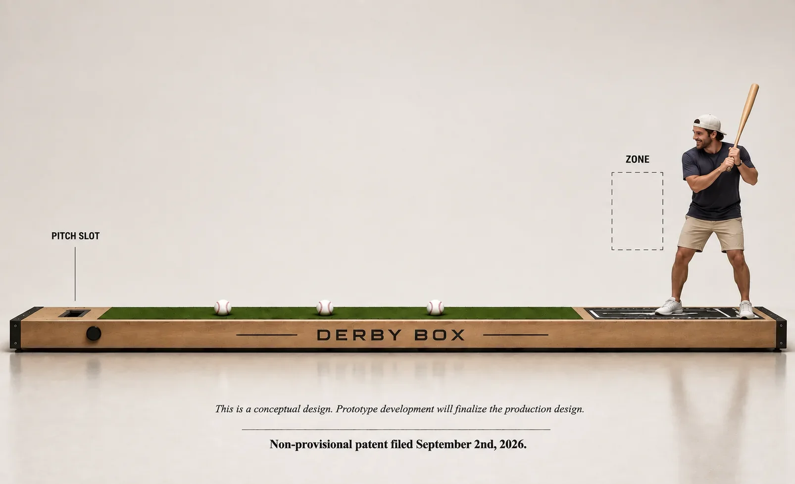 Conceptual Derby Box patent-pending pitch delivery platform shown at human scale