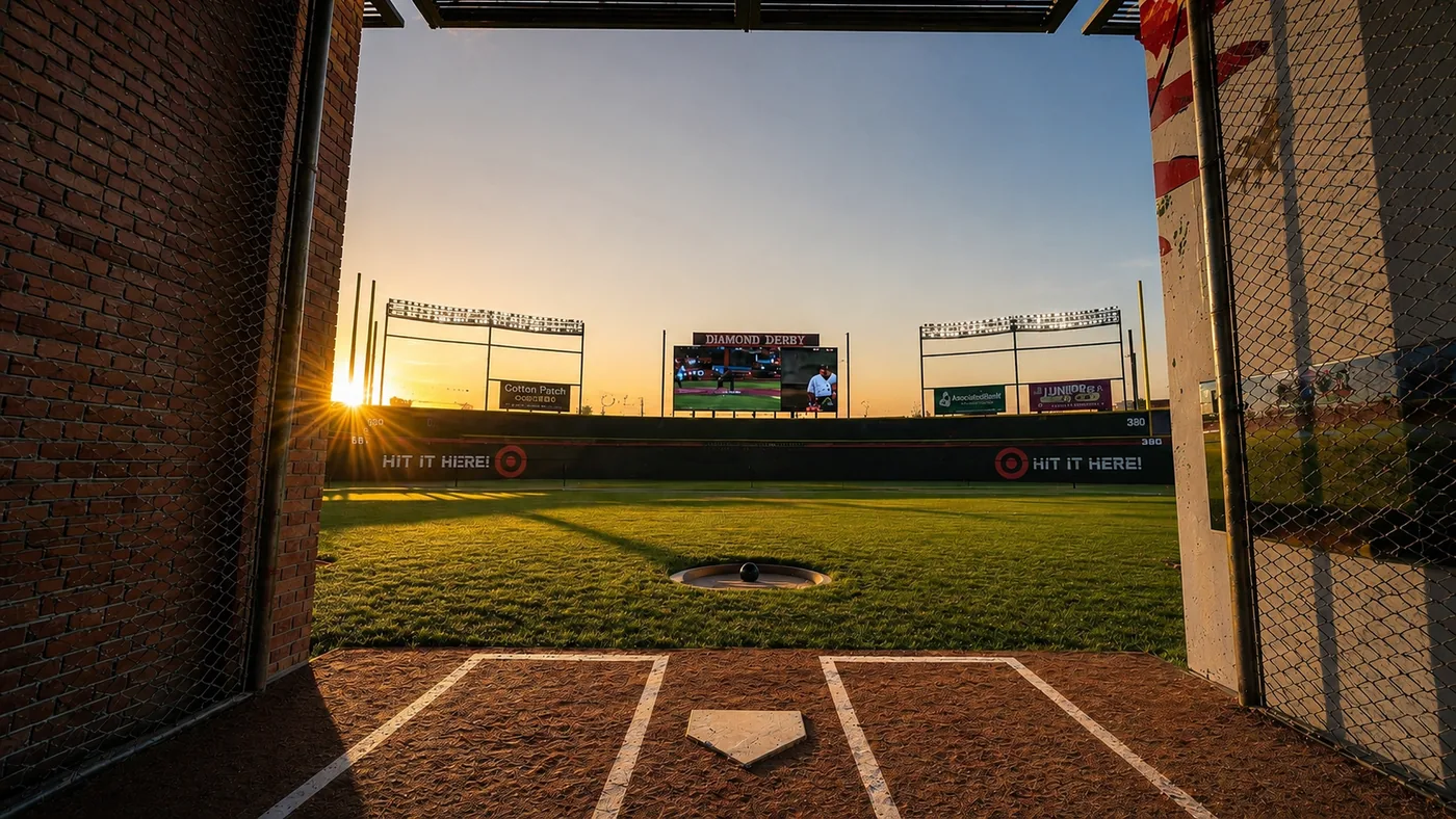 Empty batting cage at sunset looking out at the Homerun Park range