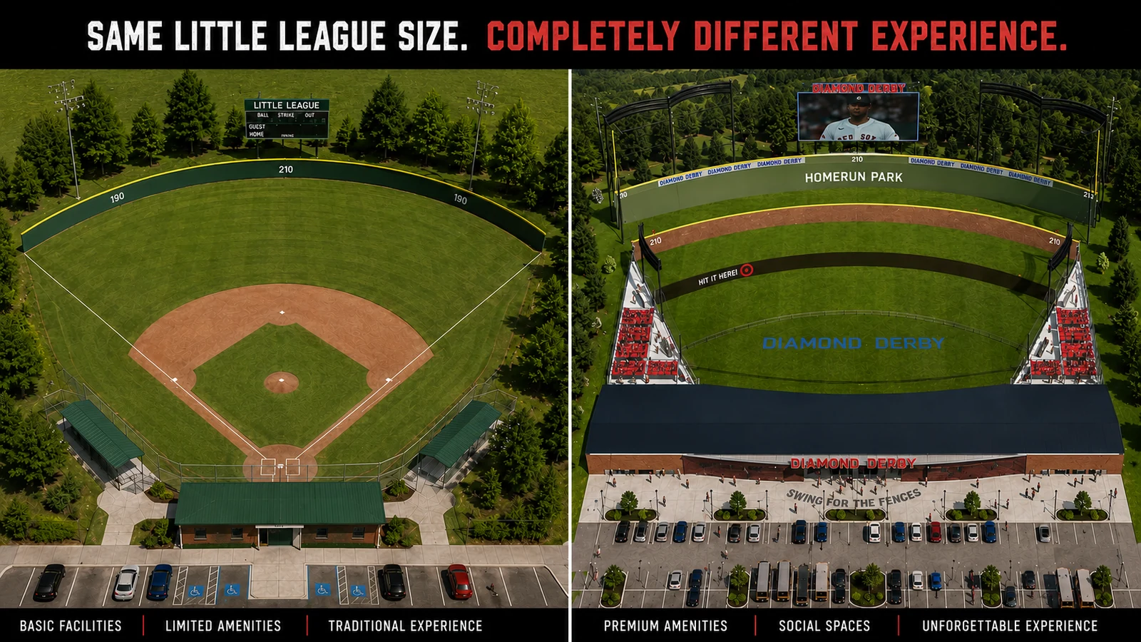 Side-by-side scale comparison: Little League field vs Diamond Derby Homerun Park — same baseball experience, fraction of the footprint