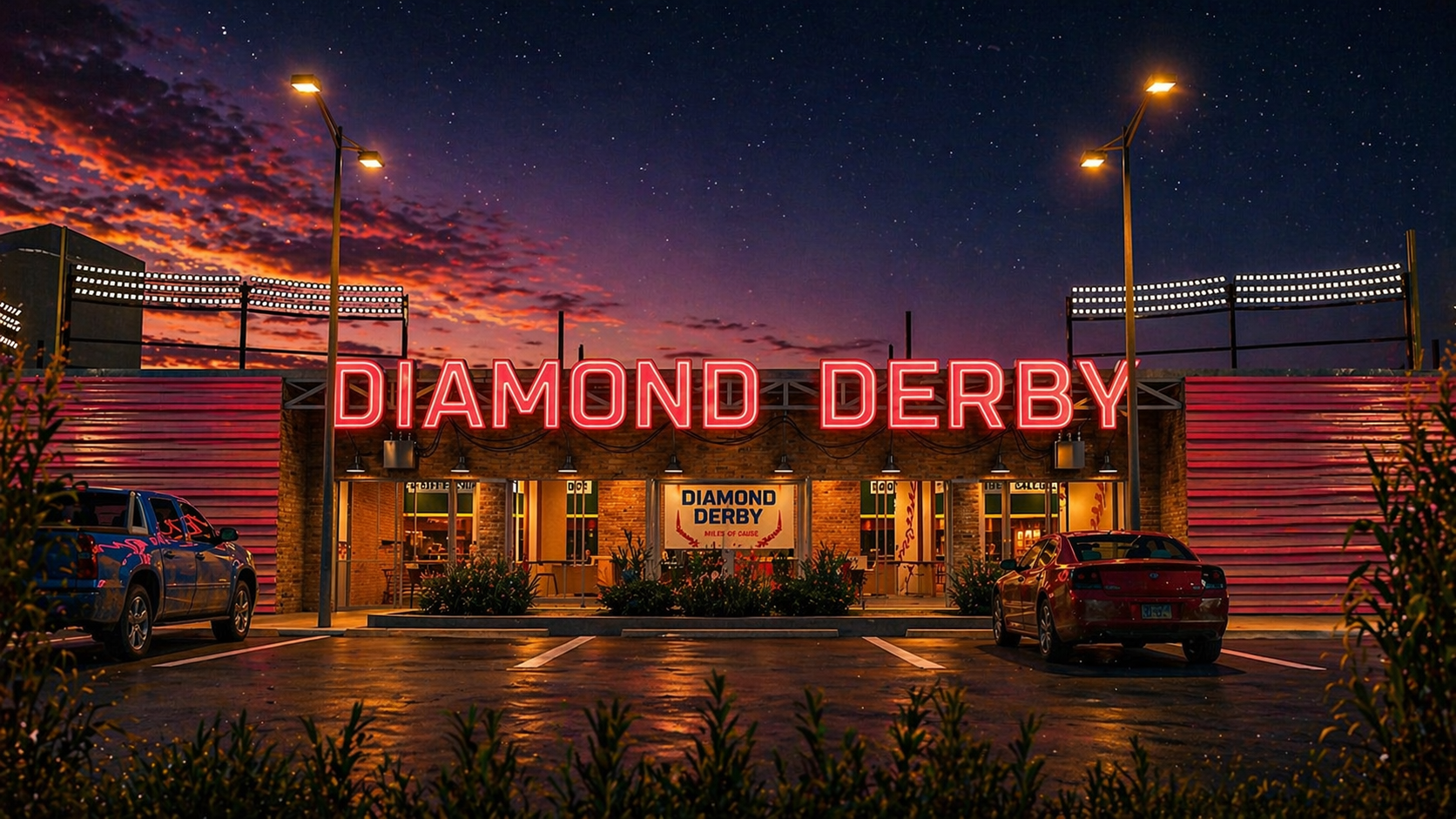 Diamond Derby exterior at night under the neon sign