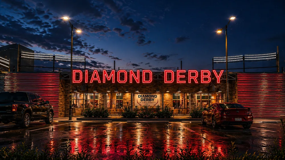 Diamond Derby exterior at night under the neon sign