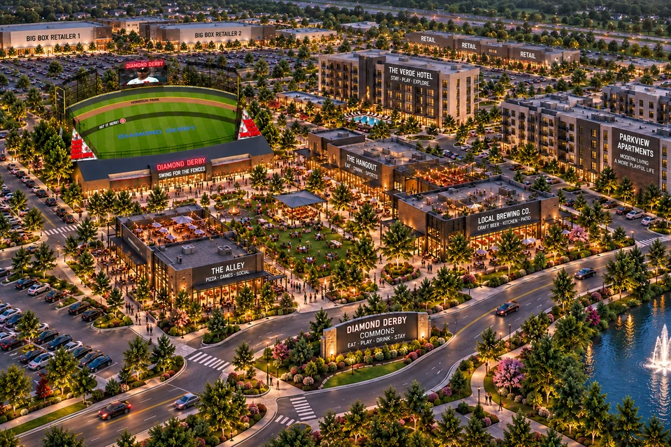 Conceptual retail and mixed-use destination with the Homerun Park integrated alongside independently operated businesses