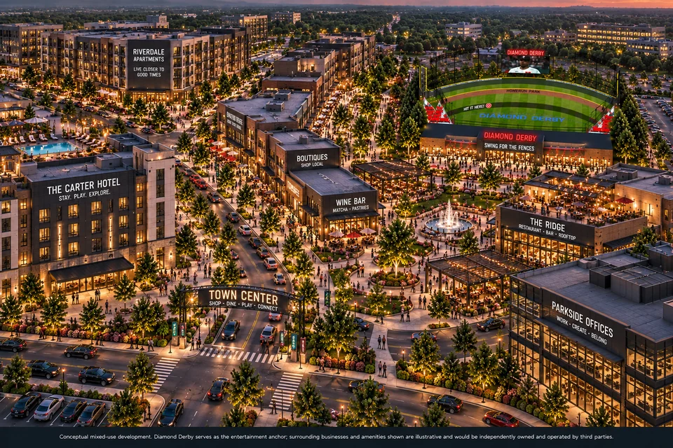 Conceptual mixed-use town center with the Homerun Park as the entertainment anchor