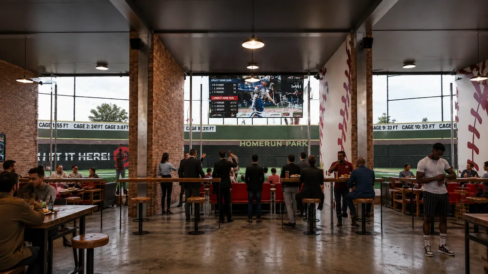 Groups gathered beside the batting cages at the Homerun Park wall